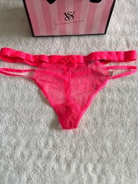 NWT Victoria's Secret Neon Pink Lace Strappy Thong Panty Large